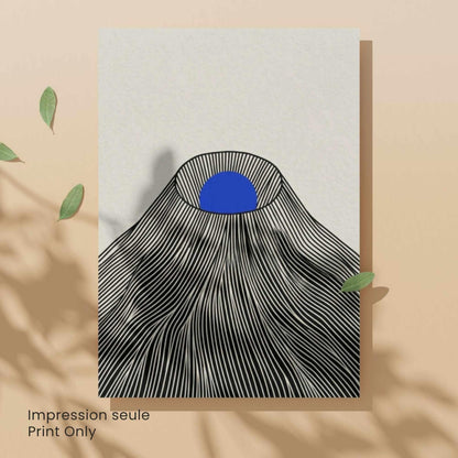 Affiche montagne japonaise soleil bleu — art mural japandi fond crème