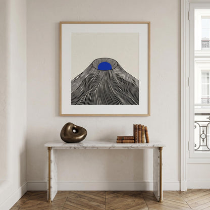 Affiche montagne japonaise soleil bleu — art mural japandi fond crème