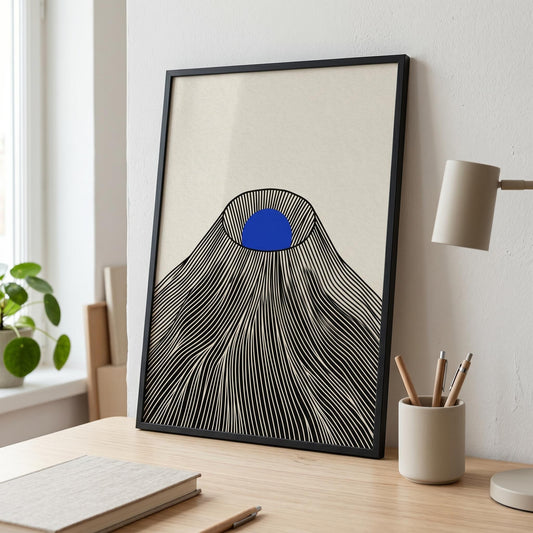 Framed Japanese mountain poster blue Klein sun, cream minimalist wall art black wood frame