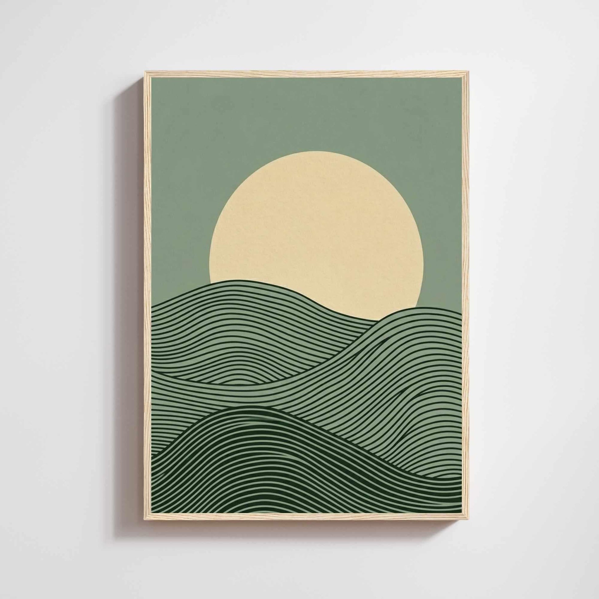 Green wave landscape print cream moon, sage green japandi minimalist wall art