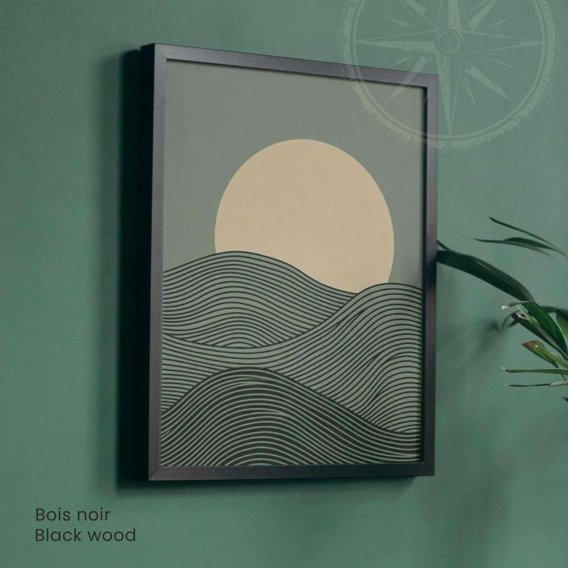 Affiche paysage vagues vertes lune crème — art mural japandi minimaliste