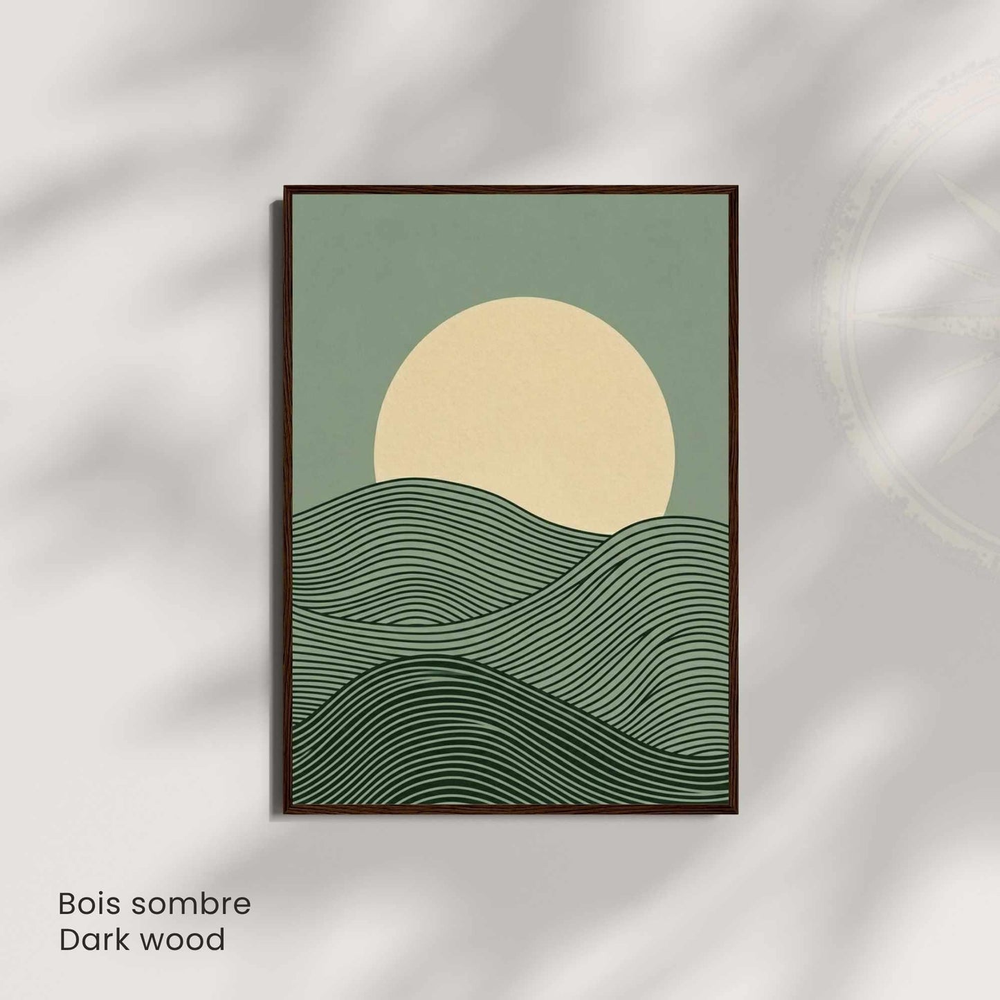 Affiche paysage vagues vertes lune crème — art mural japandi minimaliste