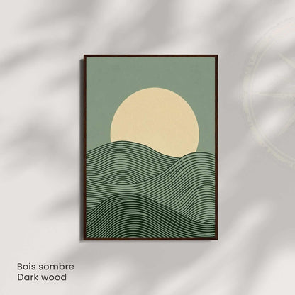 Affiche paysage vagues vertes lune crème — art mural japandi minimaliste