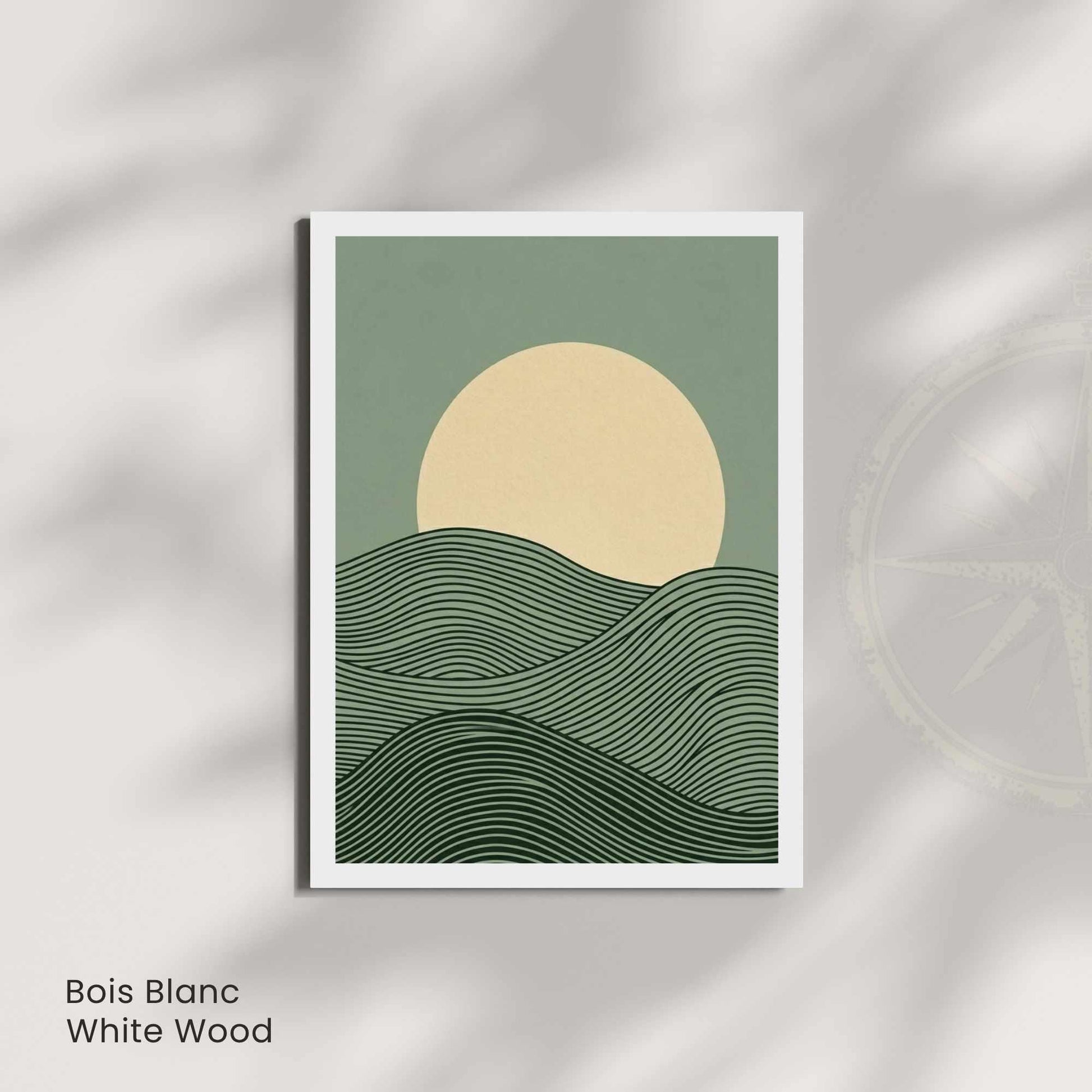 Affiche paysage vagues vertes lune crème — art mural japandi minimaliste