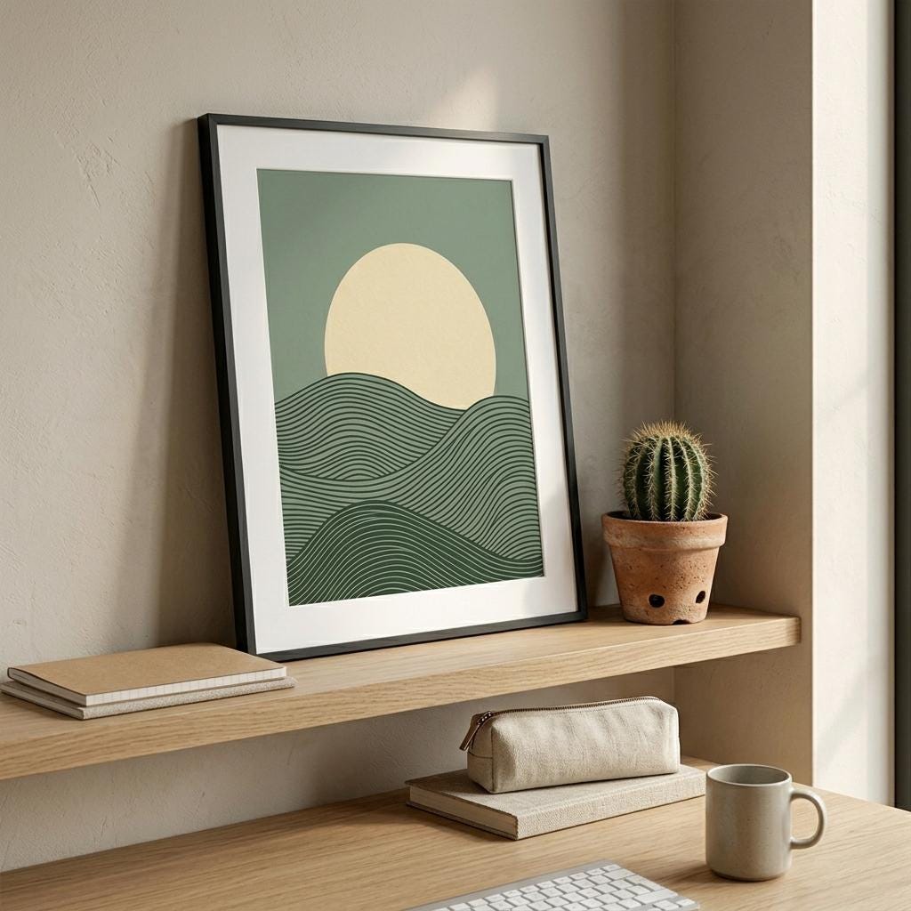 Affiche paysage vagues vertes lune crème — art mural japandi minimaliste