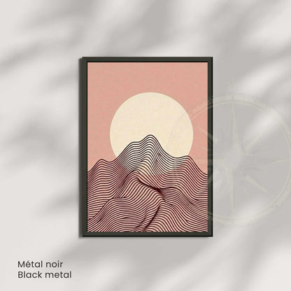 Affiche paysage montagne rose poudré lune crème — art mural minimaliste boho