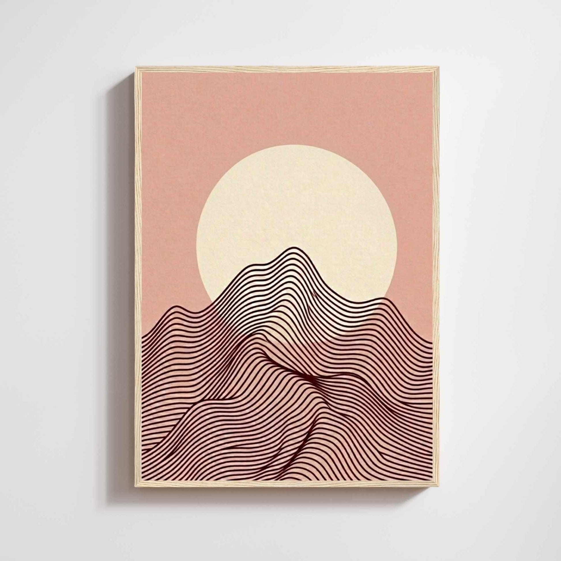 Minimalist blush mountain moon poster, burgundy line art boho natural wood frame