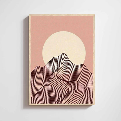 Minimalist blush mountain moon poster, burgundy line art boho natural wood frame