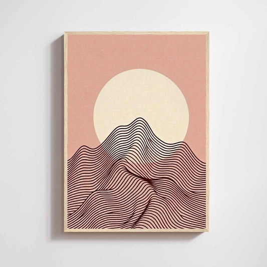 Minimalist blush mountain moon poster, burgundy line art boho natural wood frame