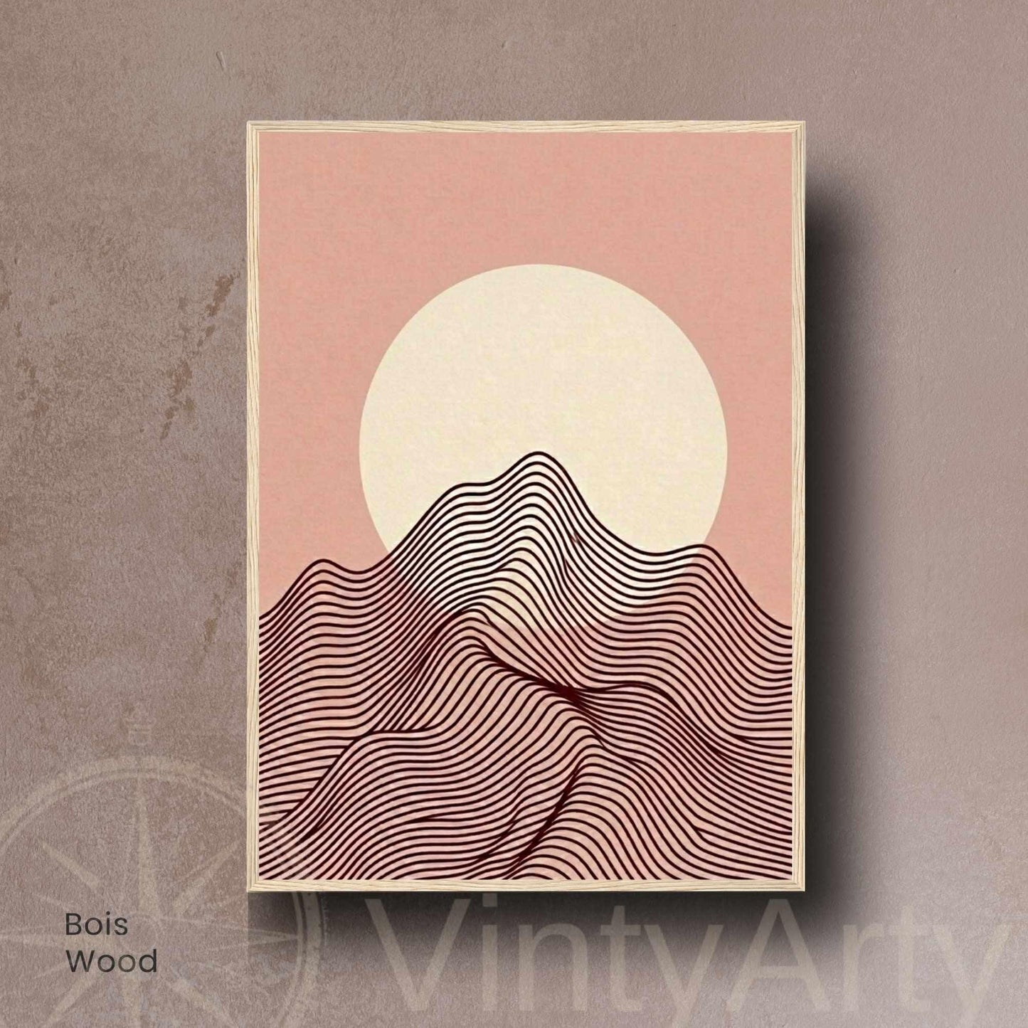 Affiche paysage montagne rose poudré lune crème — art mural minimaliste boho