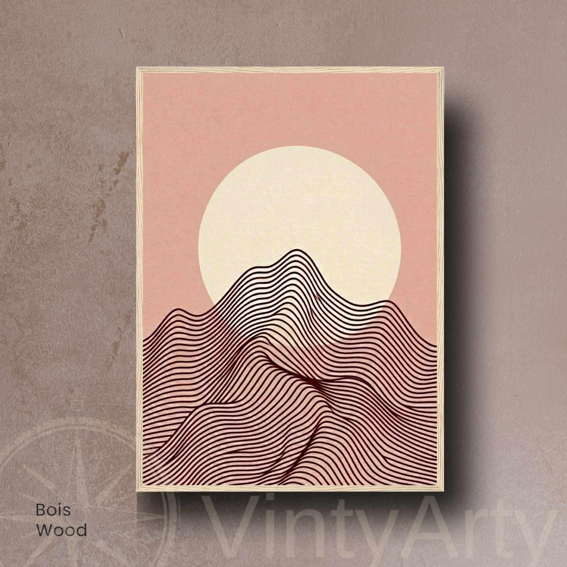 Affiche paysage montagne rose poudré lune crème — art mural minimaliste boho