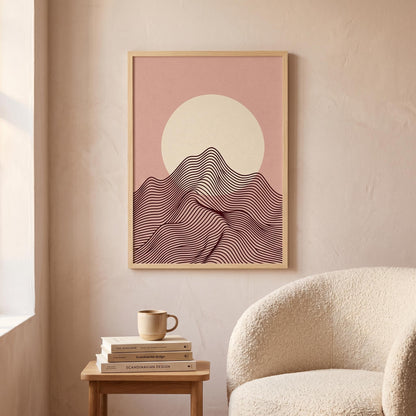 Affiche paysage montagne rose poudré lune crème — art mural minimaliste boho