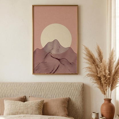 Minimalist blush mountain moon poster, burgundy line art boho natural wood frame