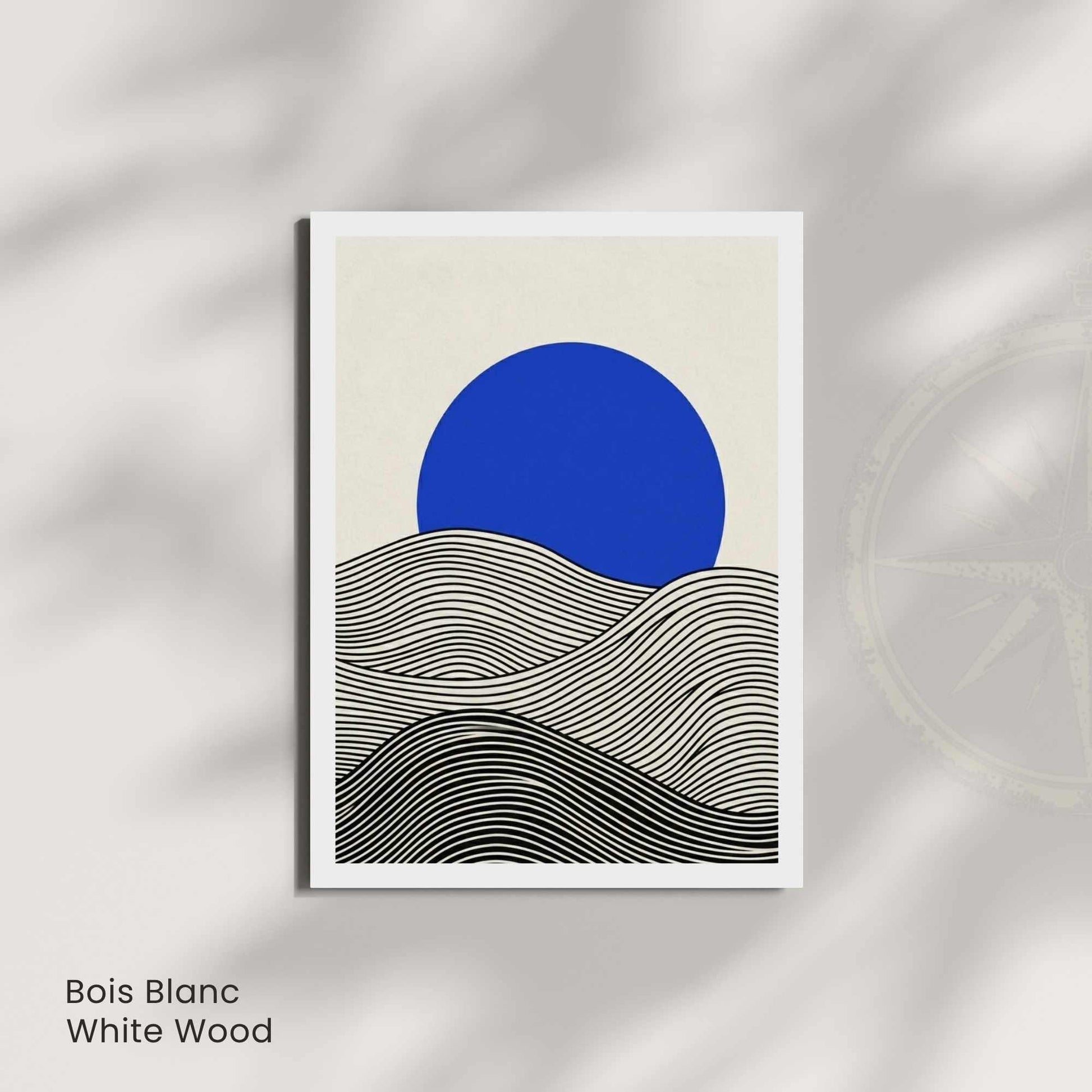 Affiche paysage vagues noir crème soleil bleu — art mural minimaliste japandi