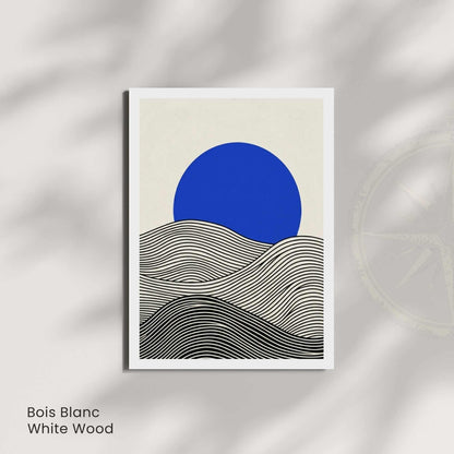 Affiche paysage vagues noir crème soleil bleu — art mural minimaliste japandi