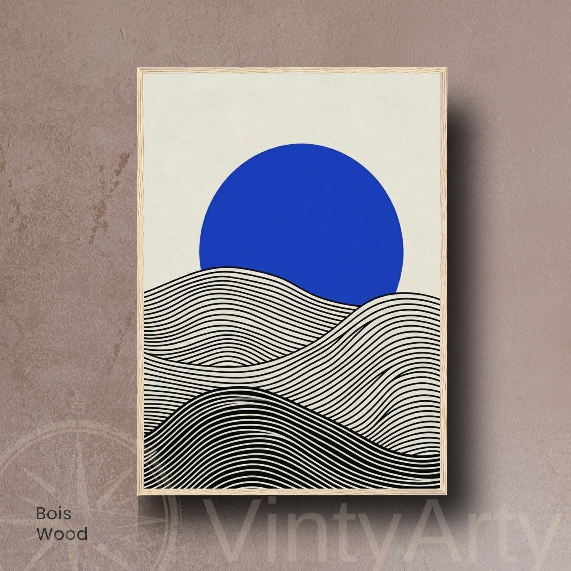 Affiche paysage vagues noir crème soleil bleu — art mural minimaliste japandi