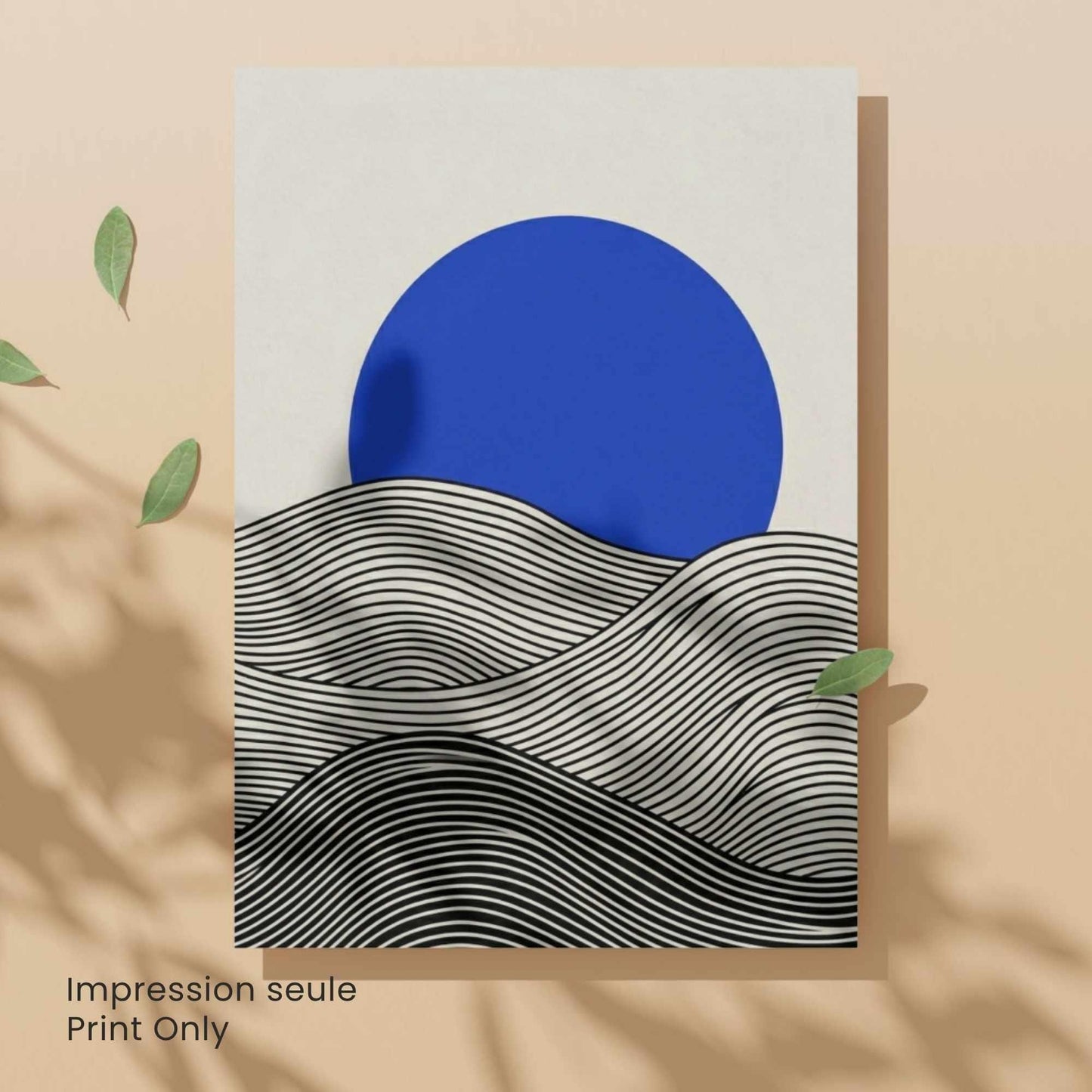 Affiche paysage vagues noir crème soleil bleu — art mural minimaliste japandi