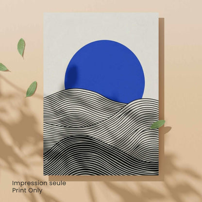Affiche paysage vagues noir crème soleil bleu — art mural minimaliste japandi