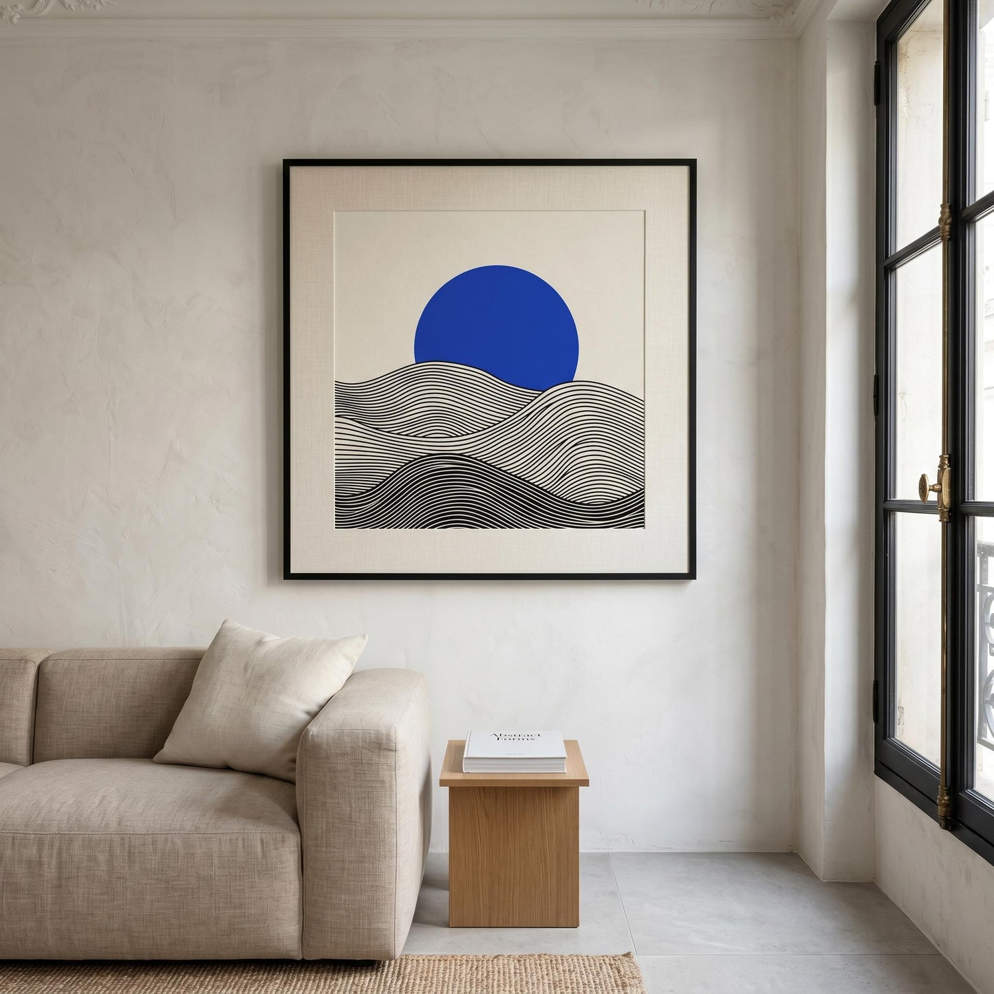 Affiche paysage vagues noir crème soleil bleu — art mural minimaliste japandi
