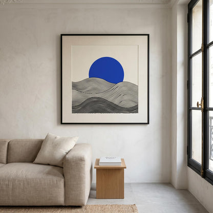 Affiche paysage vagues noir crème soleil bleu — art mural minimaliste japandi