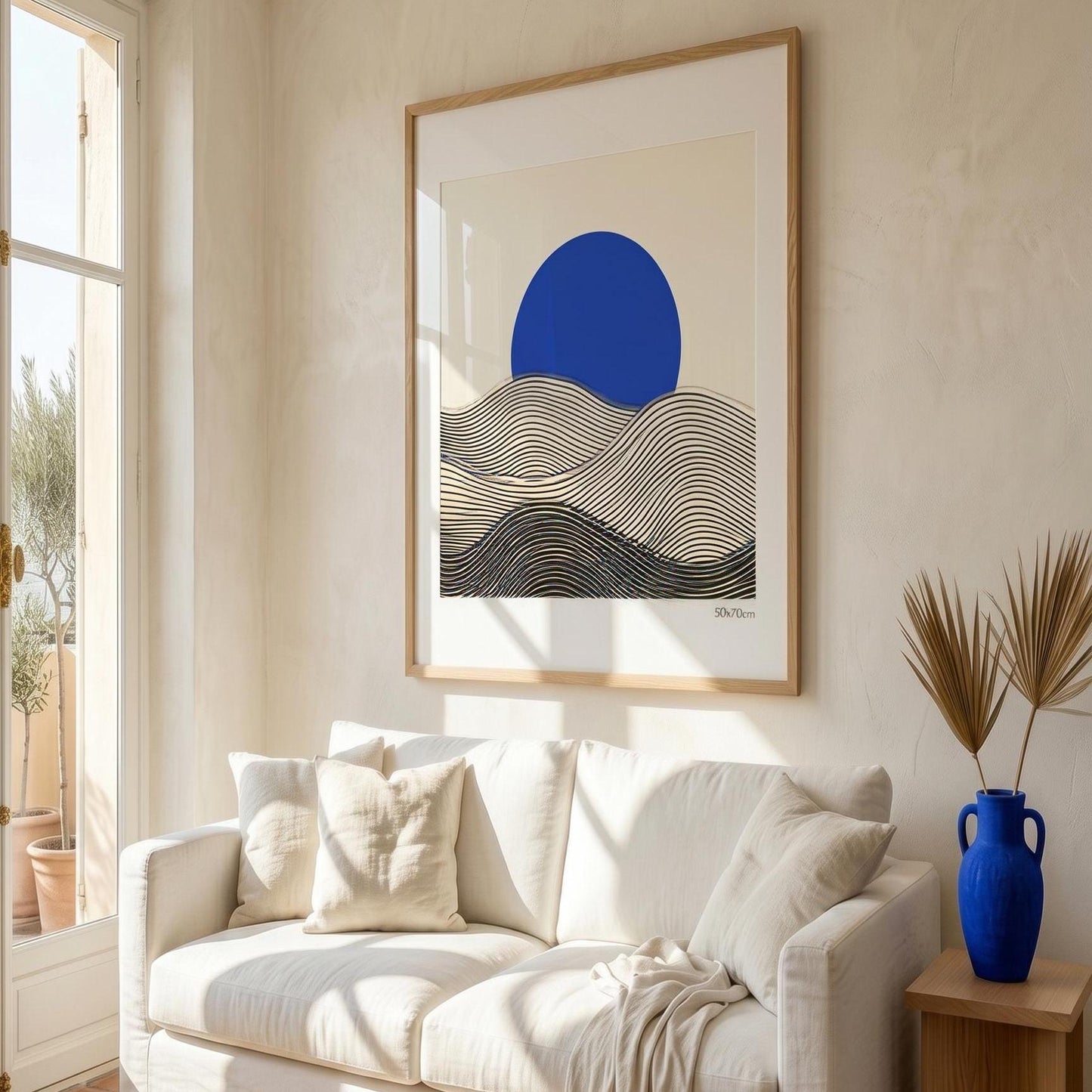 Black wave landscape wall art unframed, cream background Klein blue circle print