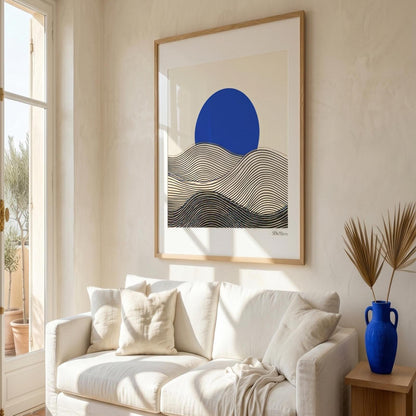 Black wave landscape wall art unframed, cream background Klein blue circle print