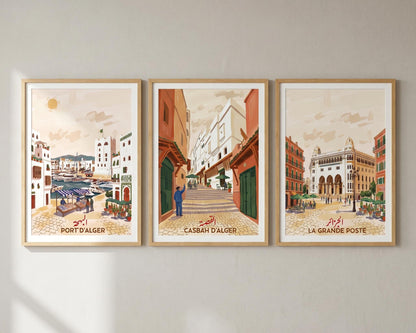 Set de 3 affiches Alger — Casbah, Port, Grande Poste