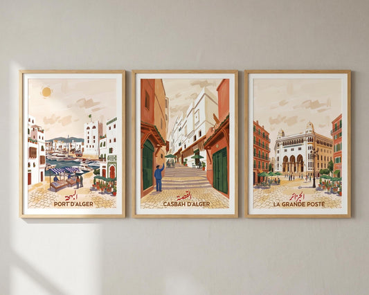 Set de 3 affiches Alger — Casbah, Port, Grande Poste