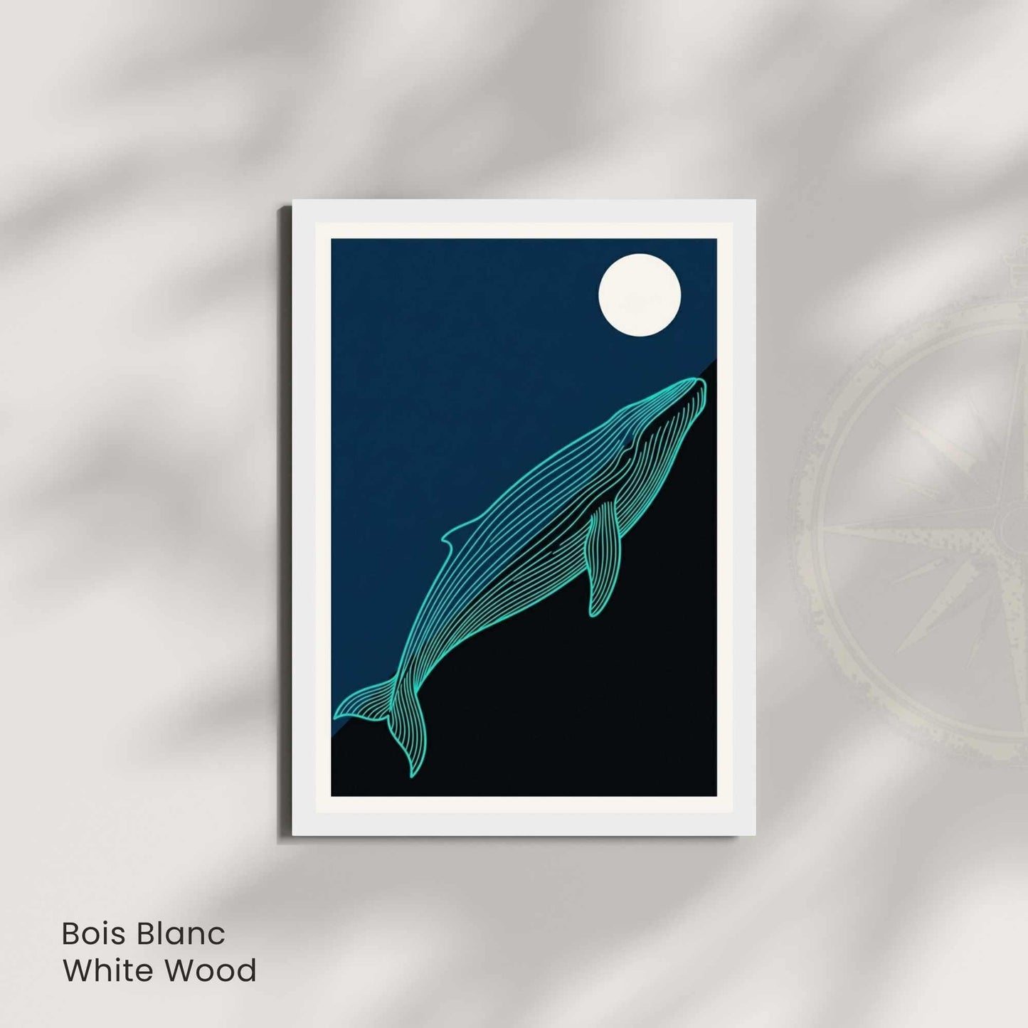 Affiche baleine bleue nuit — illustration marine minimaliste ligne