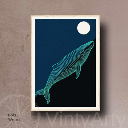 Affiche baleine bleue nuit — illustration marine minimaliste ligne