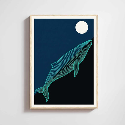 Affiche baleine bleue nuit — illustration marine minimaliste ligne