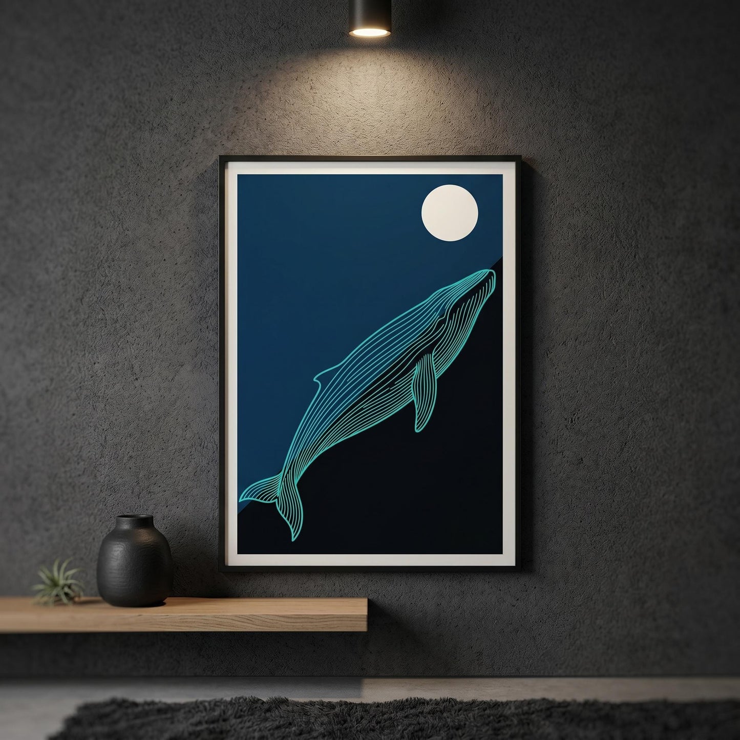 Whale Line Art Print — Dark Blue Minimalist Ocean Poster