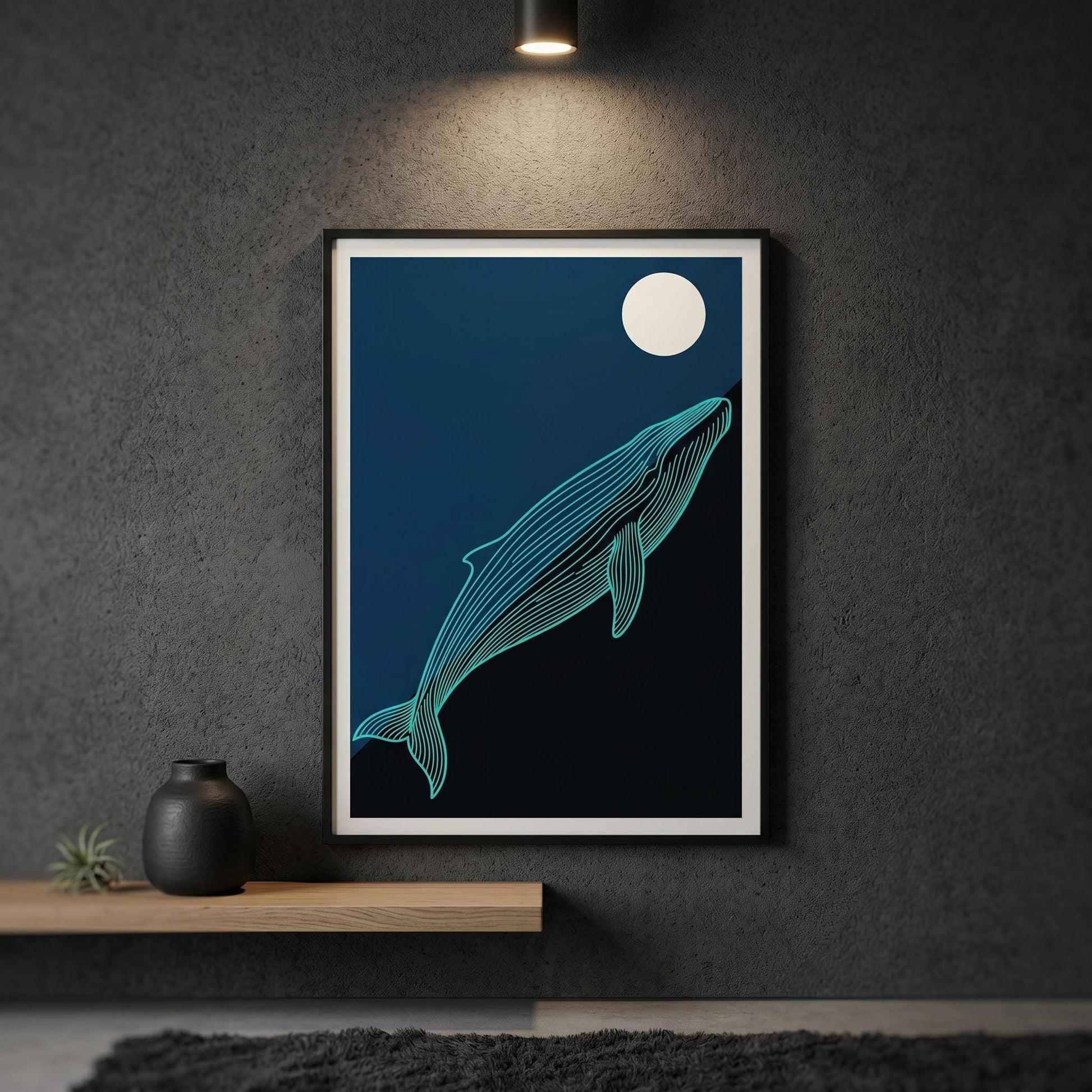 Whale Line Art Print — Dark Blue Minimalist Ocean Poster