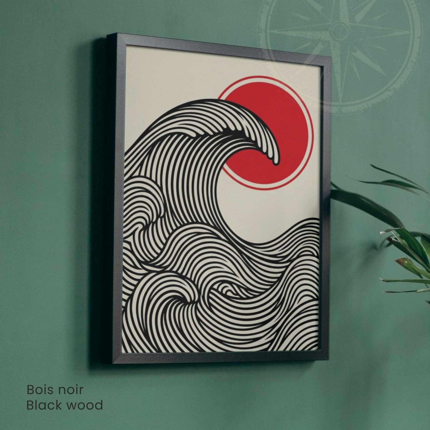 Affiche vague japonaise rouge et noir — art mural zen minimaliste