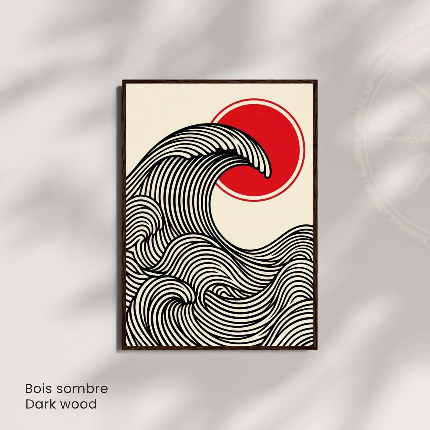 Affiche vague japonaise rouge et noir — art mural zen minimaliste