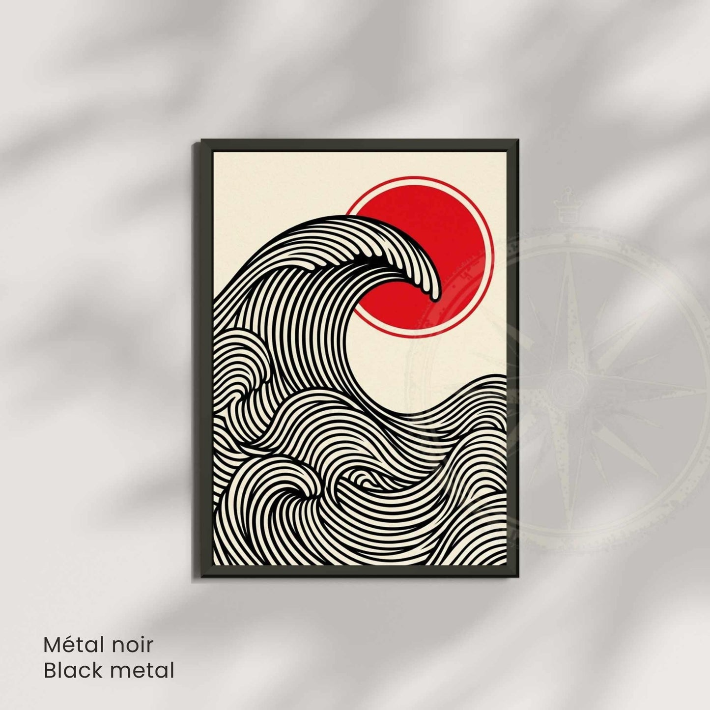 Affiche vague japonaise rouge et noir — art mural zen minimaliste