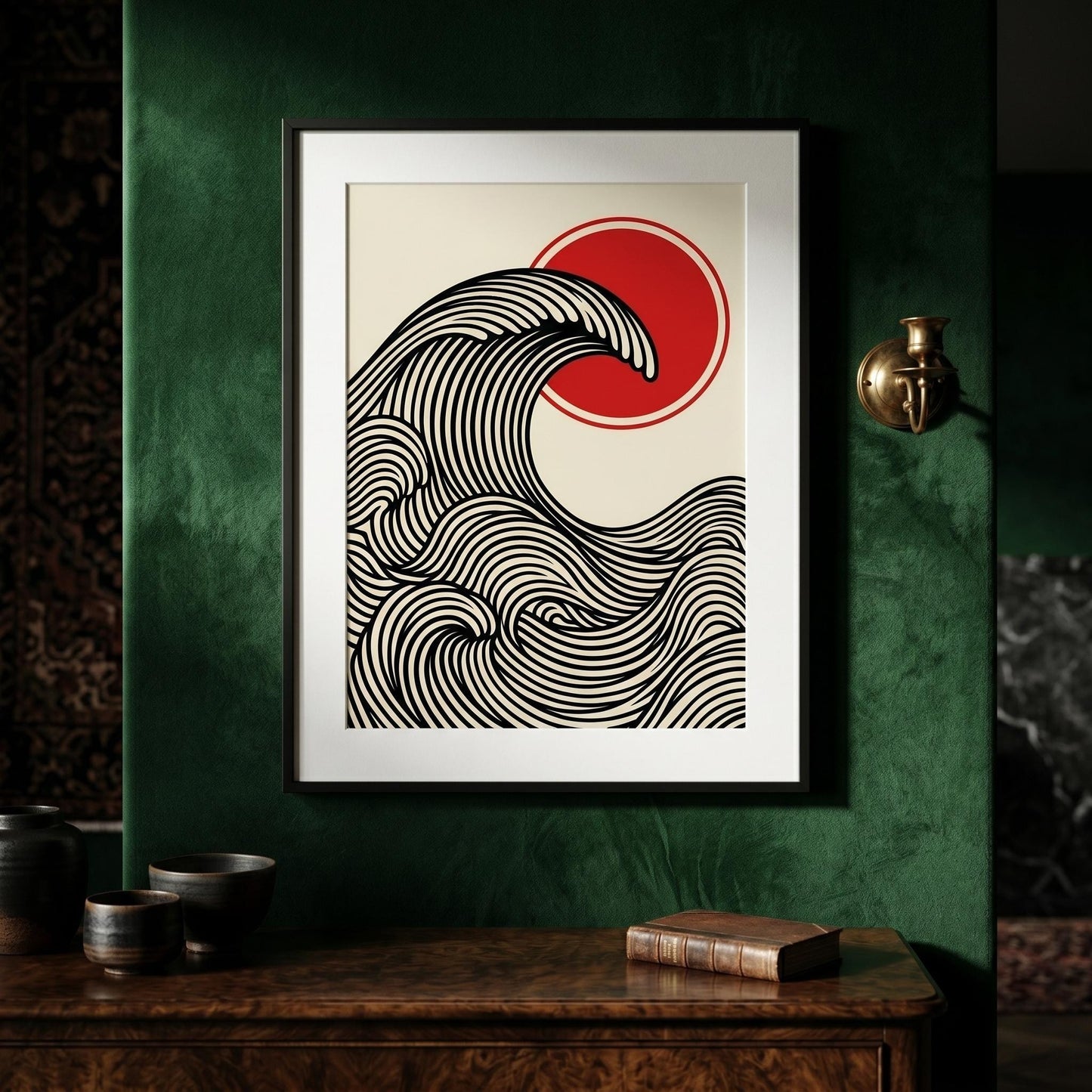Affiche vague japonaise rouge et noir — art mural zen minimaliste