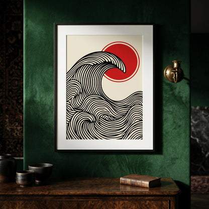 Affiche vague japonaise rouge et noir — art mural zen minimaliste