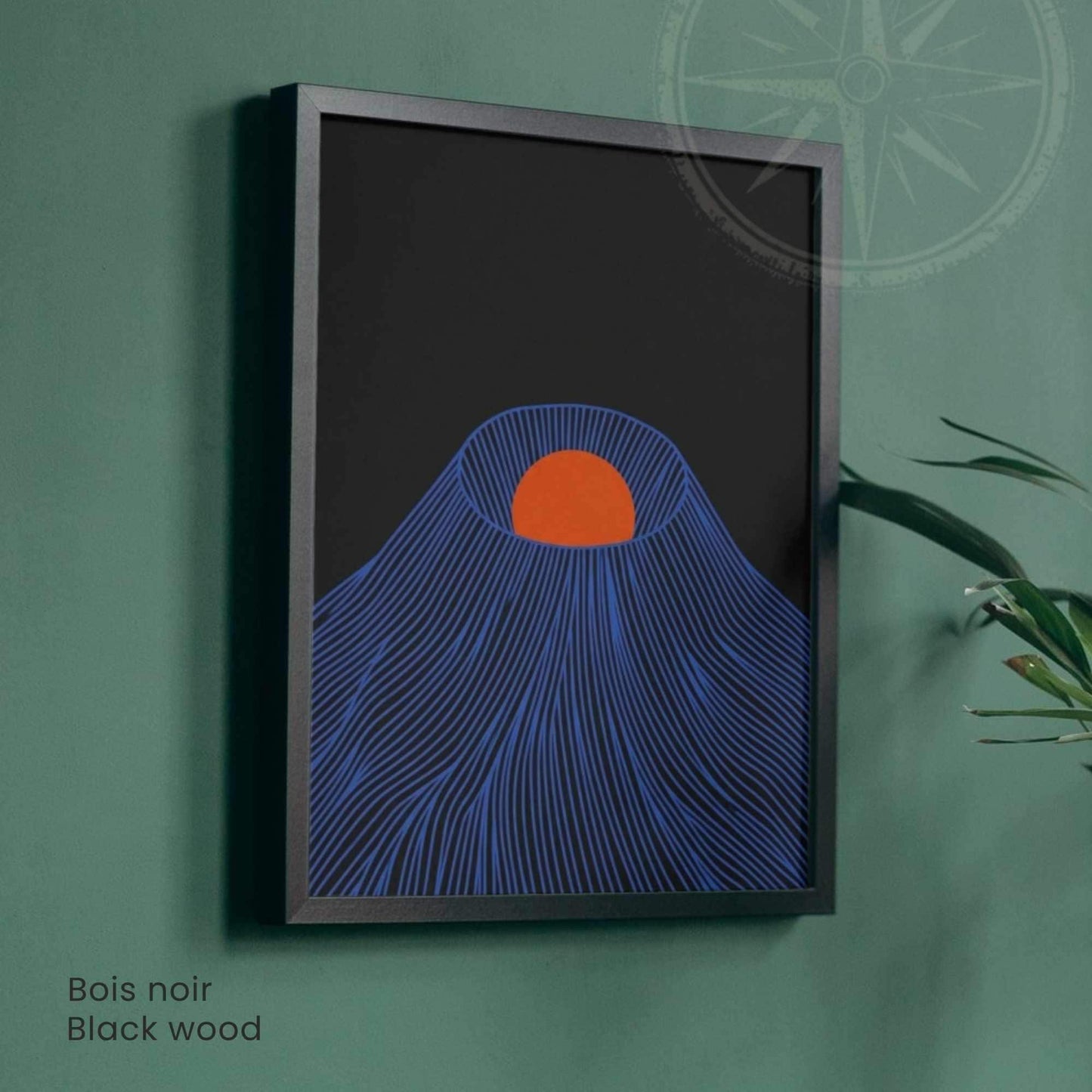 Affiche montagne japonaise soleil rouge — art mural japandi fond noir