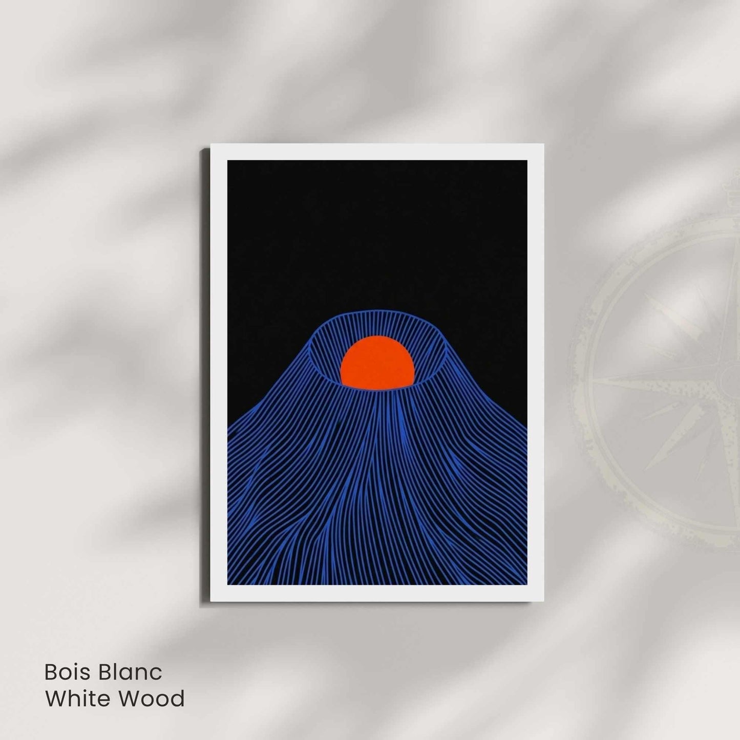 Affiche montagne japonaise soleil rouge — art mural japandi fond noir