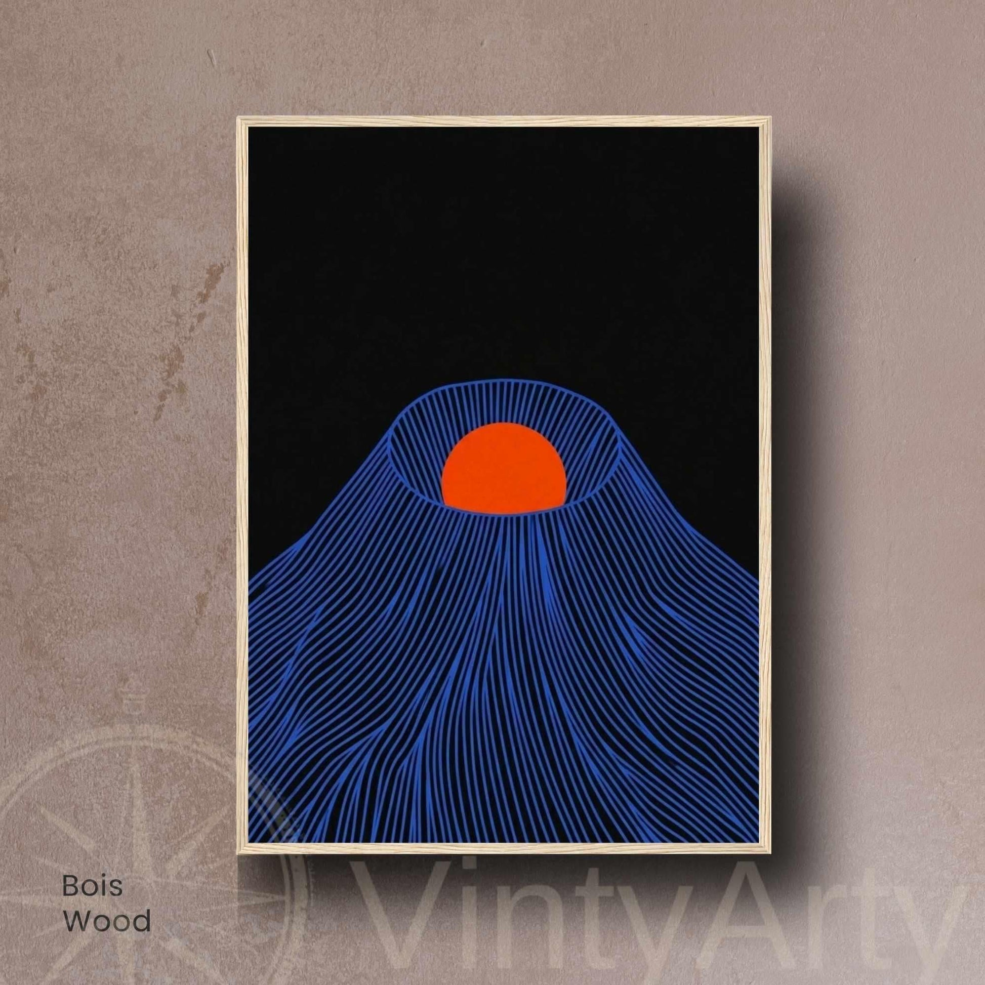 Affiche montagne japonaise soleil rouge — art mural japandi fond noir
