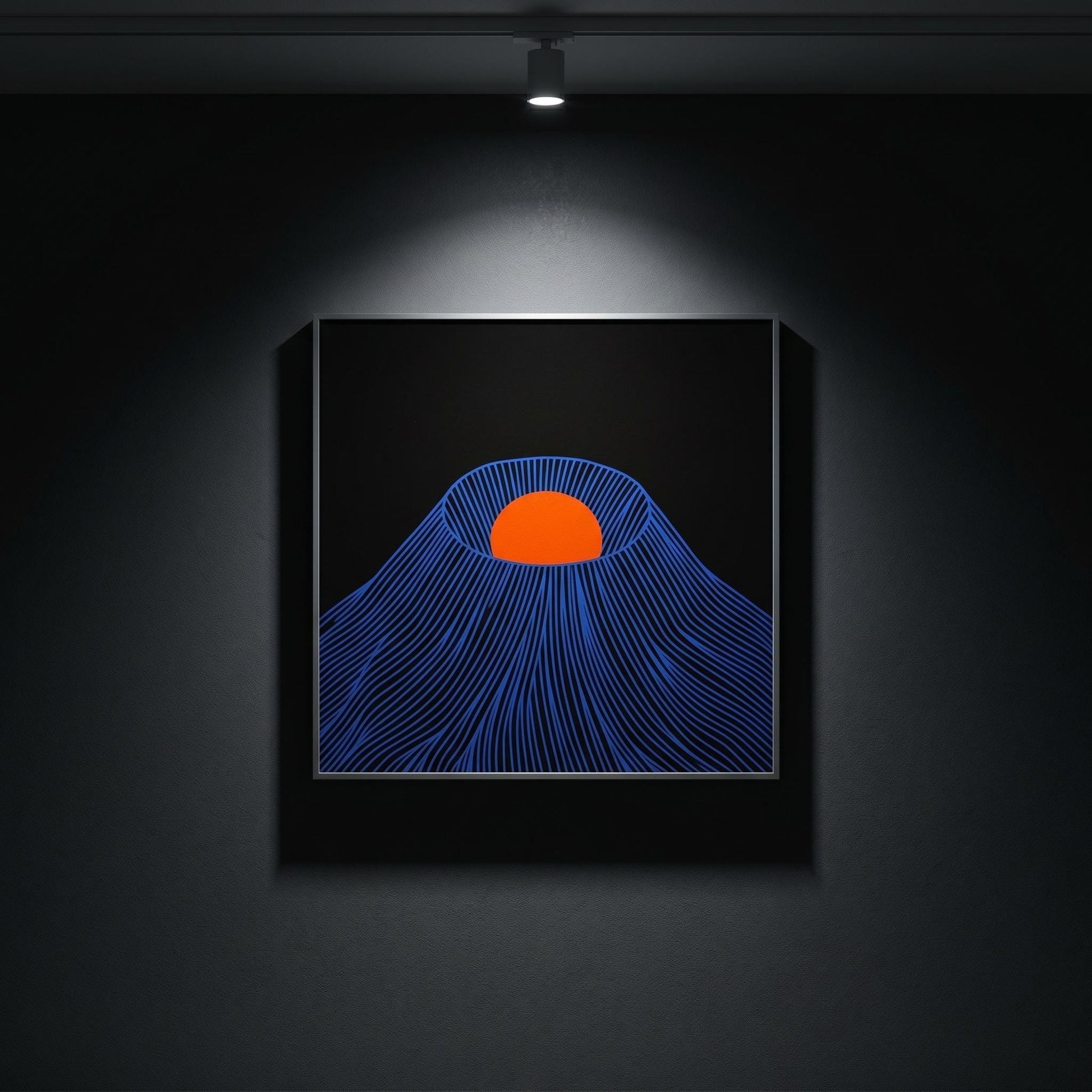 Affiche montagne japonaise soleil rouge — art mural japandi fond noir