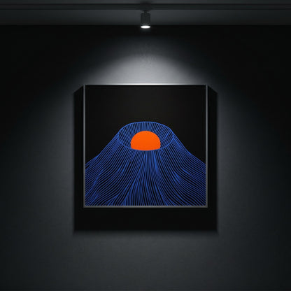 Affiche montagne japonaise soleil rouge — art mural japandi fond noir