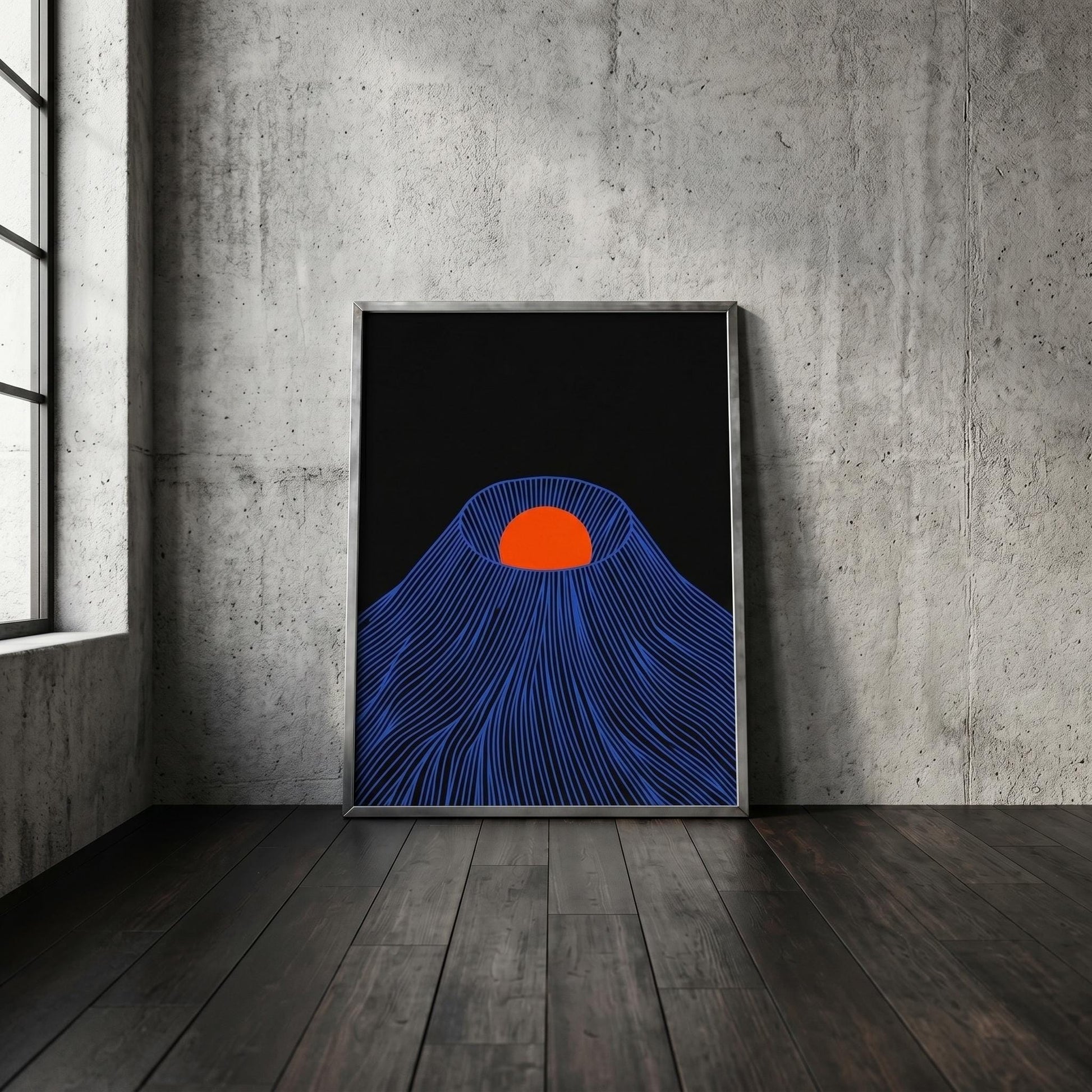 Japanese mountain wall art black wood frame, 
blue line illustration red sun japandi decor