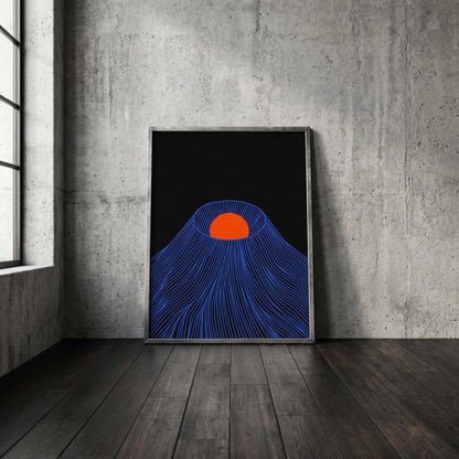 Japanese mountain wall art black wood frame, 
blue line illustration red sun japandi decor