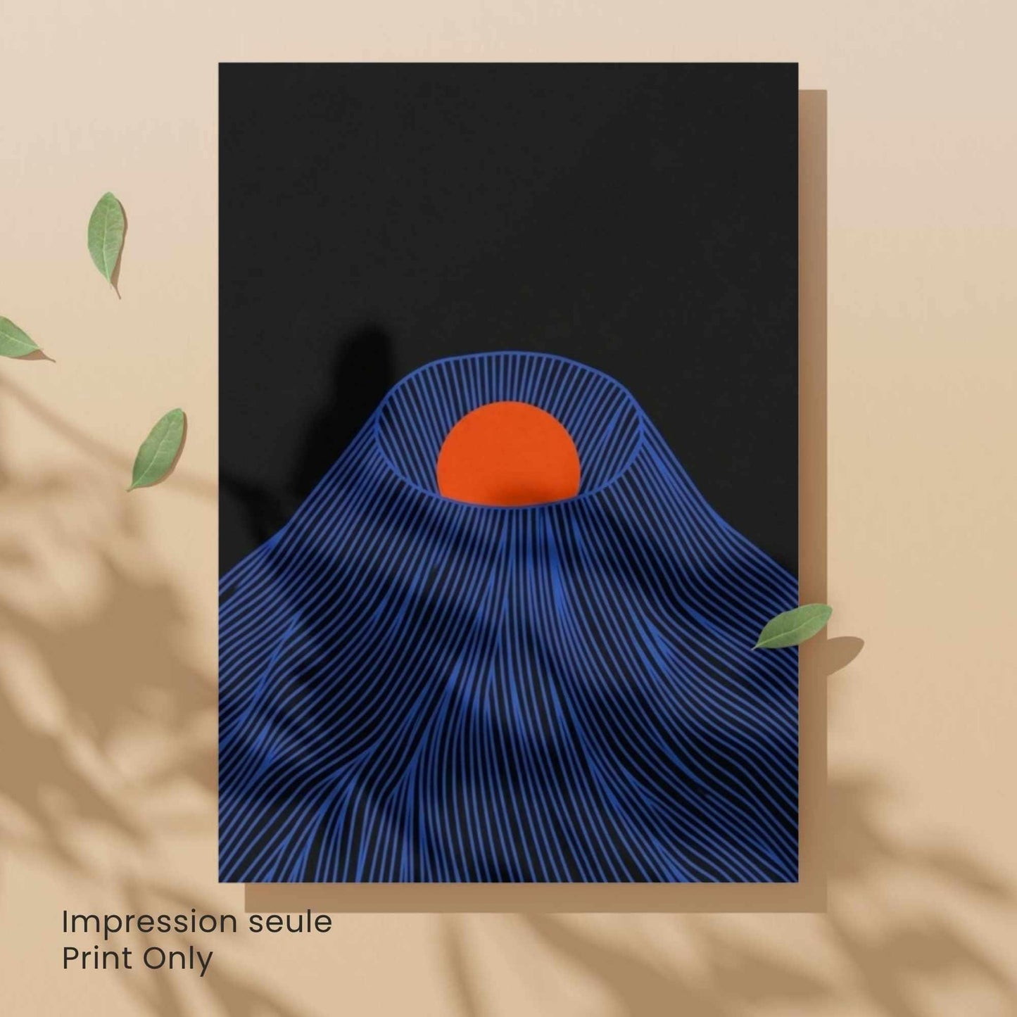 Affiche montagne japonaise soleil rouge — art mural japandi fond noir