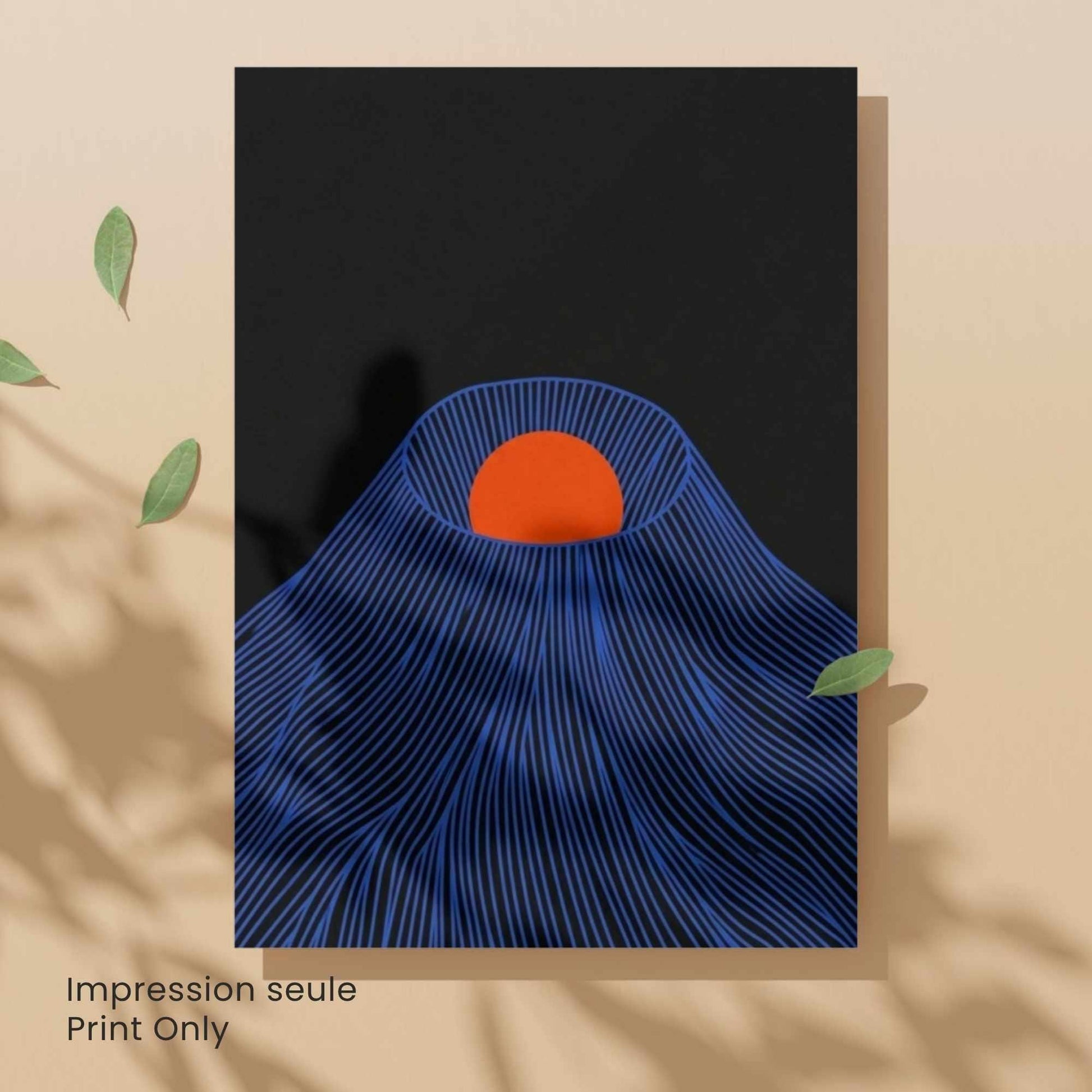Affiche montagne japonaise soleil rouge — art mural japandi fond noir