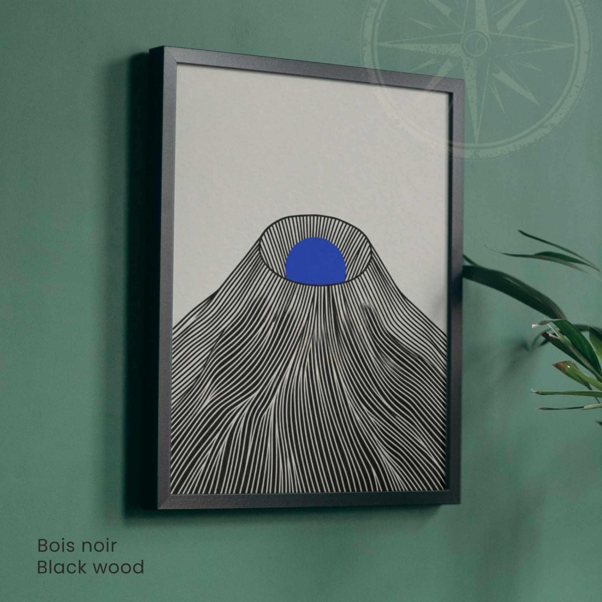 Affiche montagne japonaise soleil bleu — art mural japandi fond crème