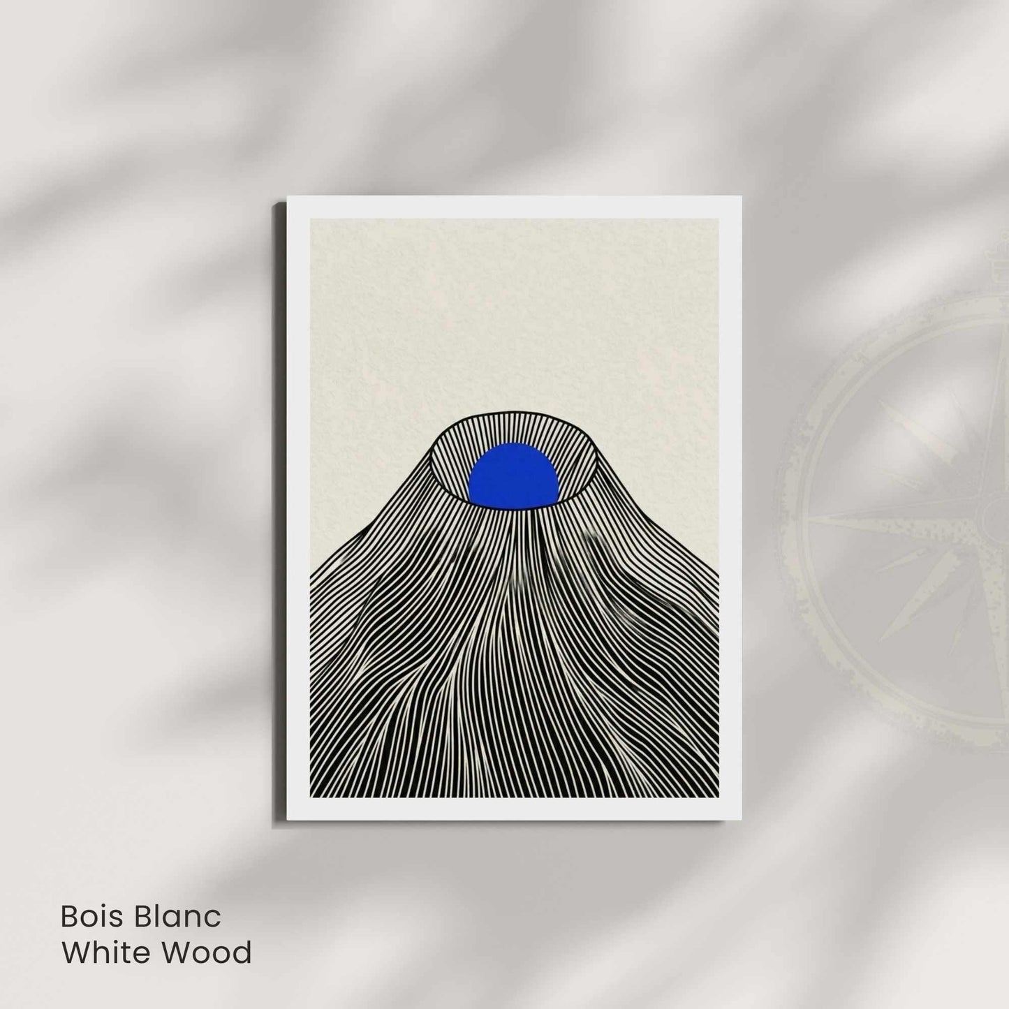 Affiche montagne japonaise soleil bleu — art mural japandi fond crème