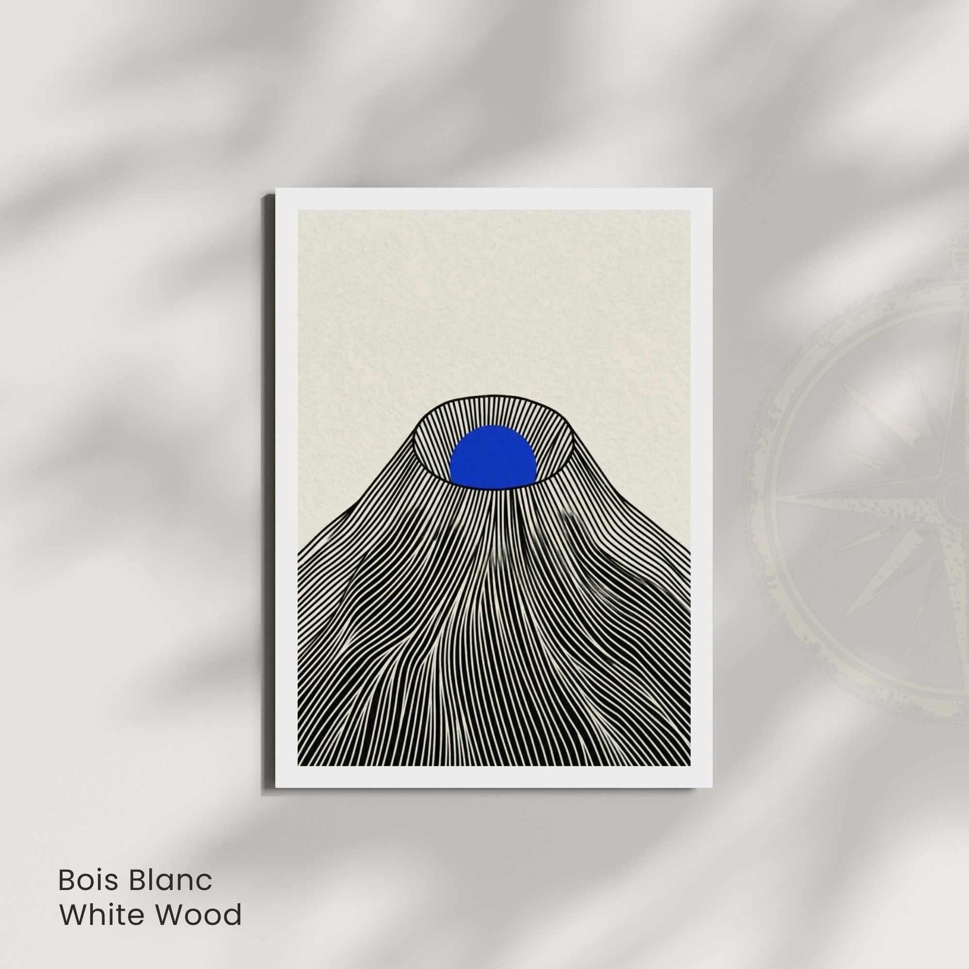 Affiche montagne japonaise soleil bleu — art mural japandi fond crème